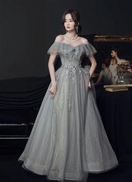 Picture of Light Grey Tulle A-line Sweetheart Prom Dresses, Grey Off Shoulder Party Dress